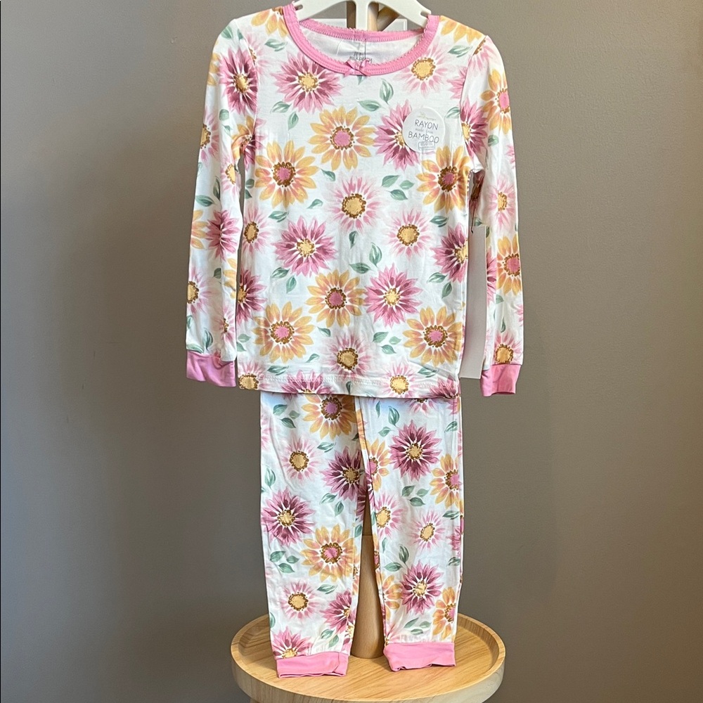 NWT Milkberry Floral Kids Bamboo Pajama Set- Pink and Yellow 4T